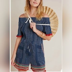 Anthropologie THML Short Romper With Embroidery And pom pom Details. XS